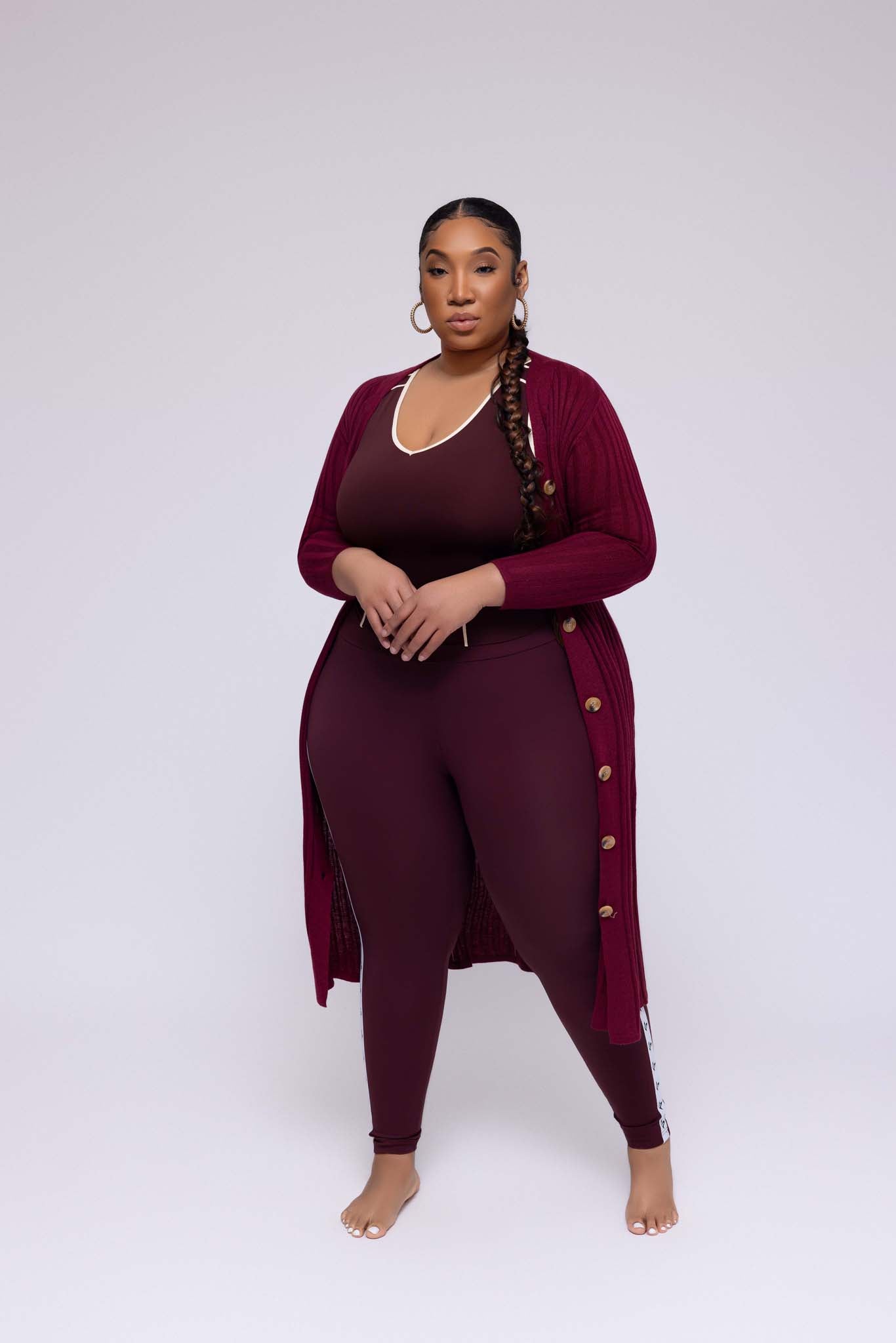 Burgundy Large Size Cardigans Curves Burgundy Ribbed Knit Balloon